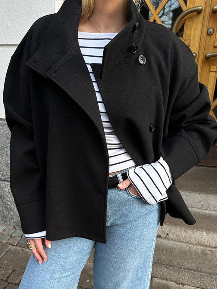 Oversized Wool Pea Coat for Women - Stand Collar Button Front Coat