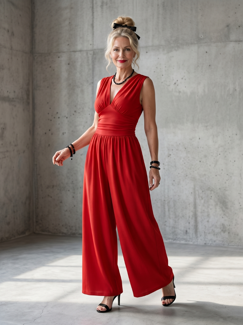 Deep V Neck Sleeveless Jumpsuit for Women Wide Leg Defined Waist