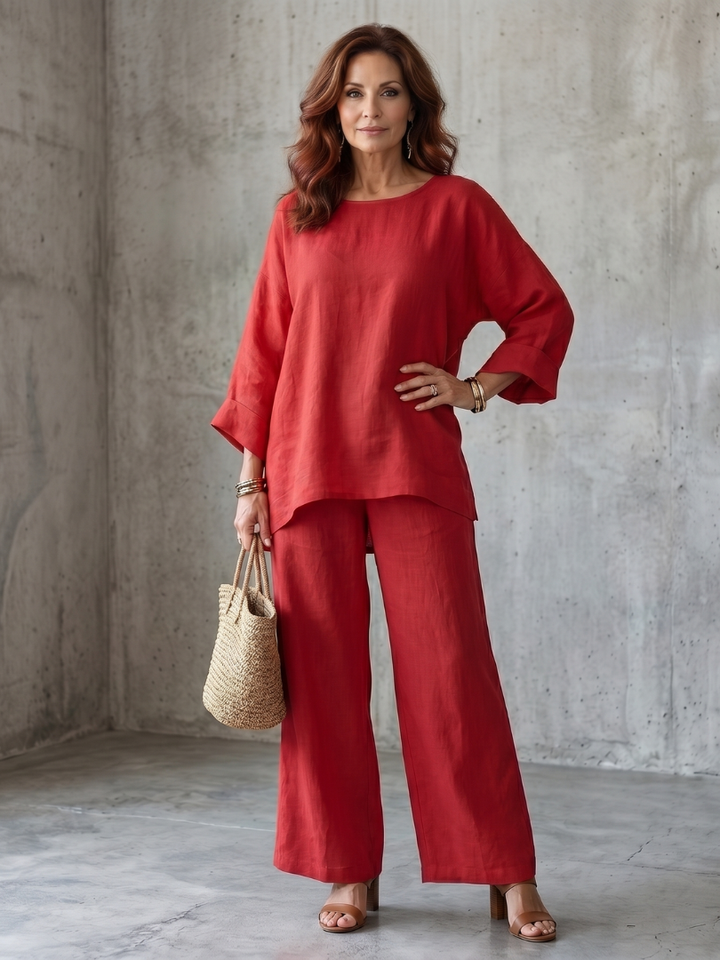 Oversized Tunic Wide Leg Pant Set for Women - Red