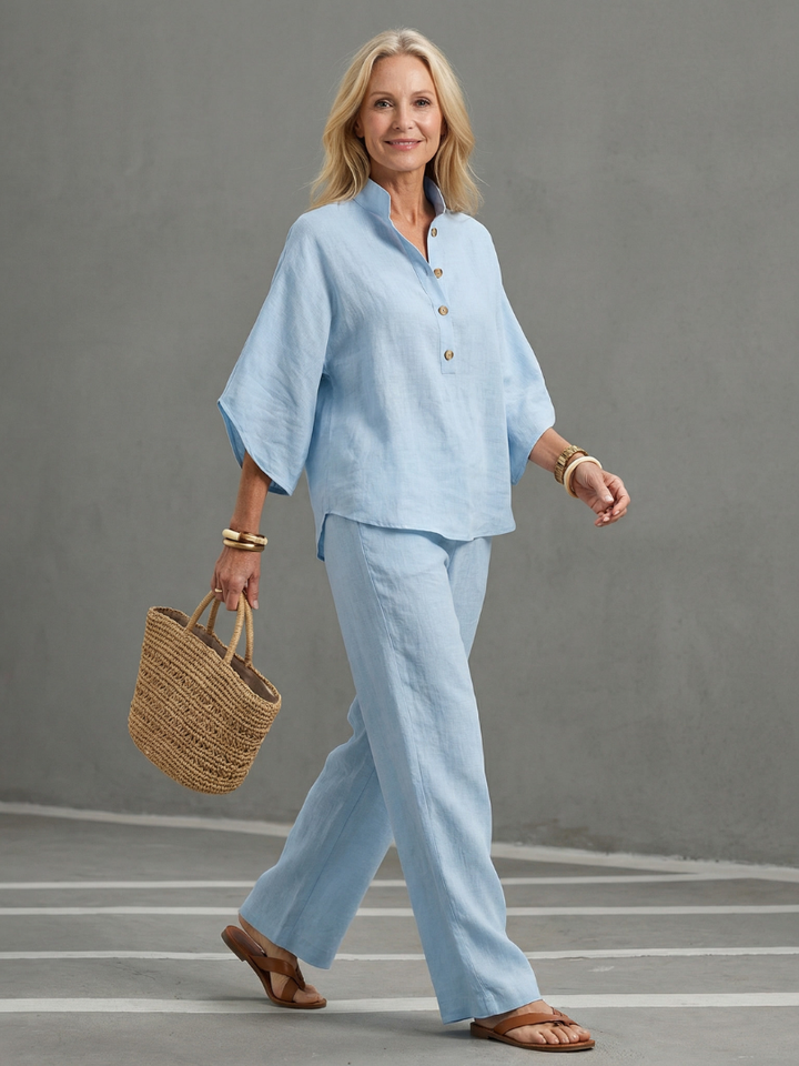 Button Front Tunic Trouser Set for Women - Sky Blue