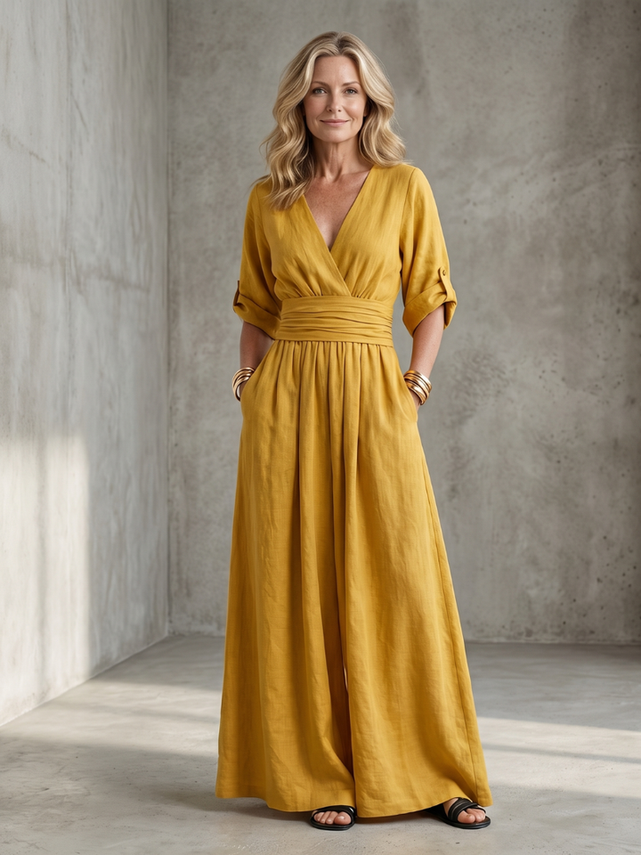 Cross Front Wide Leg Jumpsuit for Women Elbow Sleeve Defined Waist