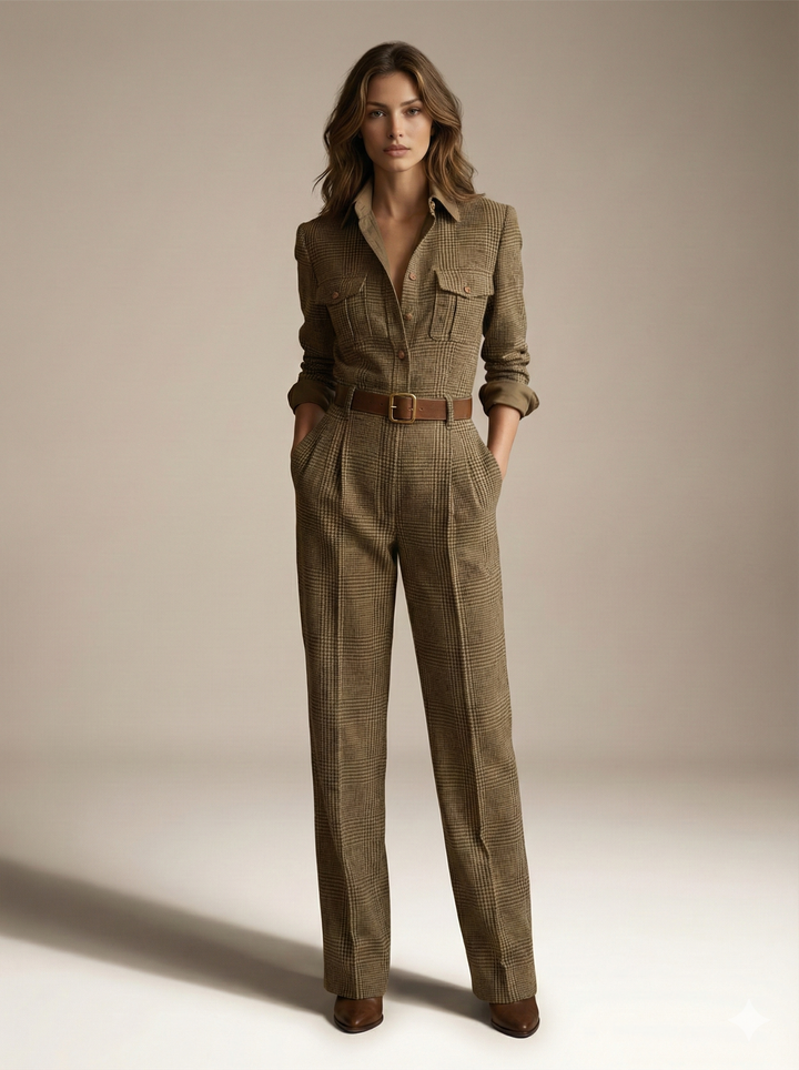 Checkered Print Jumpsuit for Women Belted Pockets
