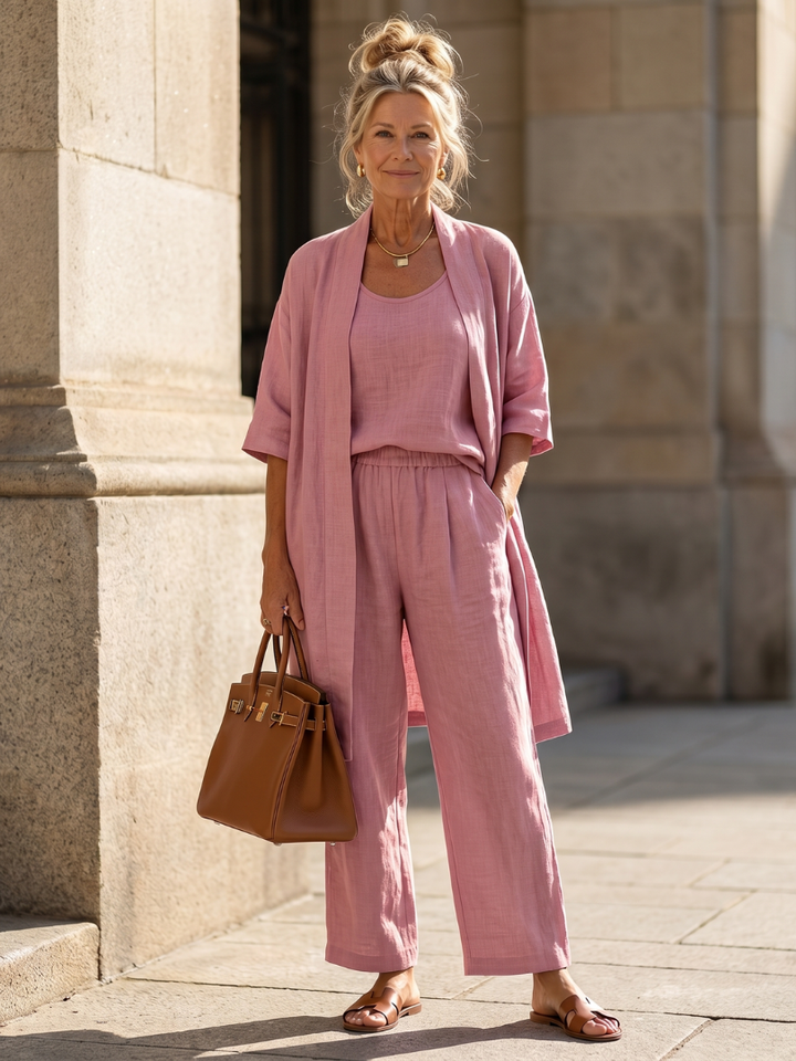 Three Piece Relaxed Top Wide Leg Pant Set for Women - Pink