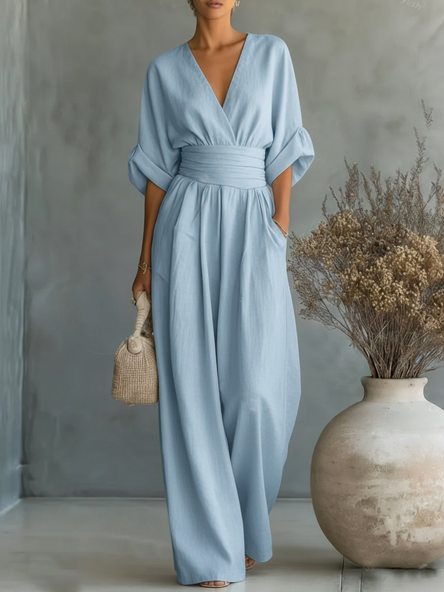 V Neck Long Sleeve Jumpsuit for Women Side Pockets
