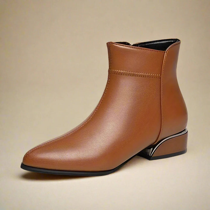 Ankle Boots for Women Genuine Leather Pointed Toe Low Heel - Brown