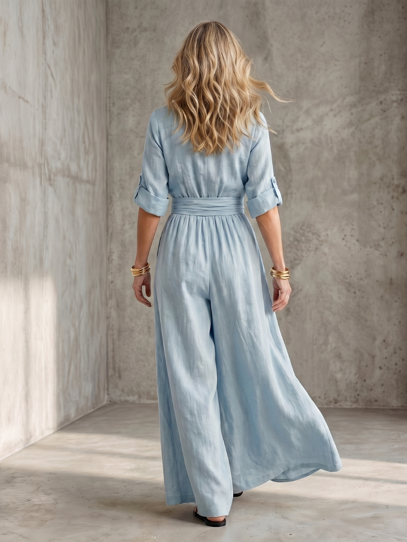 Cross Front Wide Leg Jumpsuit for Women Elbow Sleeve Defined Waist