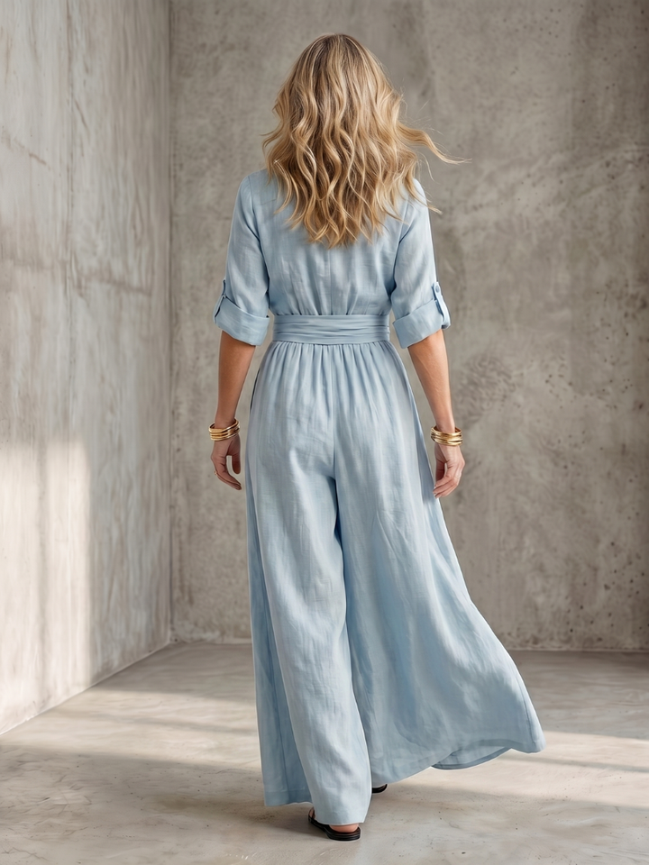 Cross Front Wide Leg Jumpsuit for Women Elbow Sleeve Defined Waist