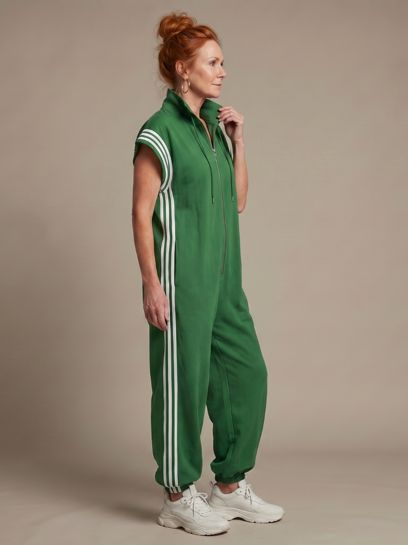 Zip Front Jumpsuit for Women Cap Sleeve Side Stripe Panel