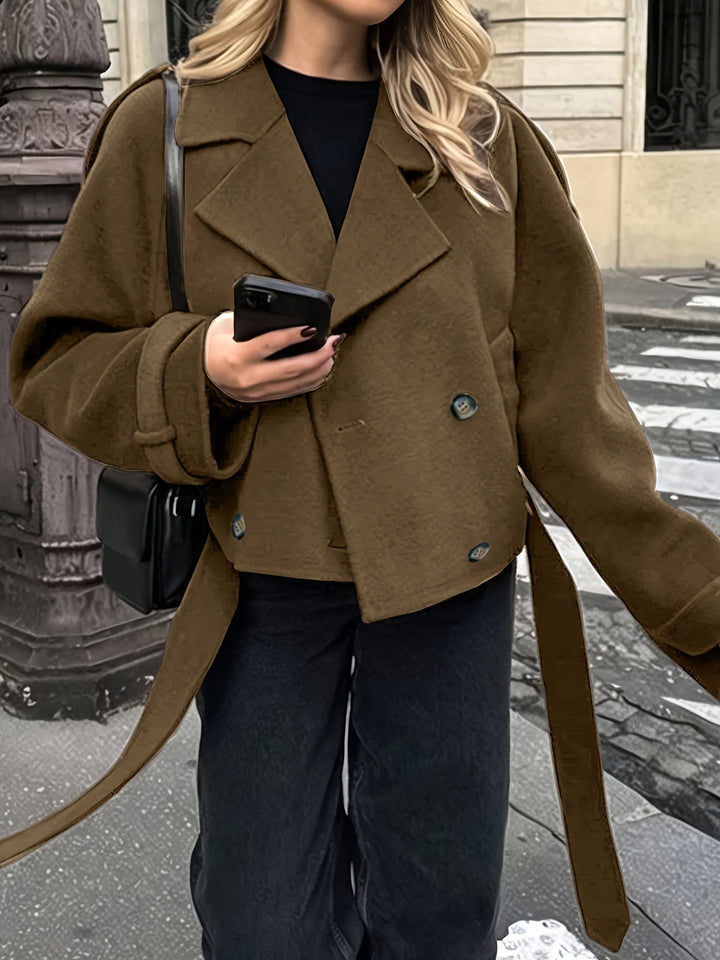 Coffee Brown Belted Pea Coat for Women - Oversized Wool Blend Coat