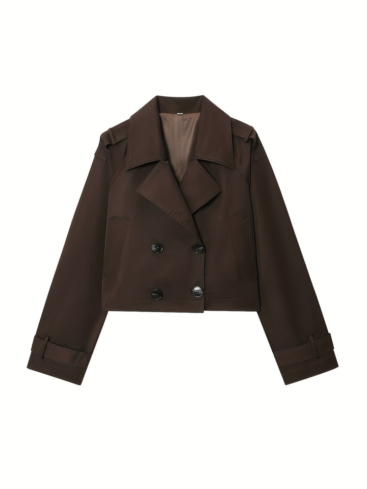 Coffee Brown Cropped Pea Coat for Women - Double Breasted Short Coat