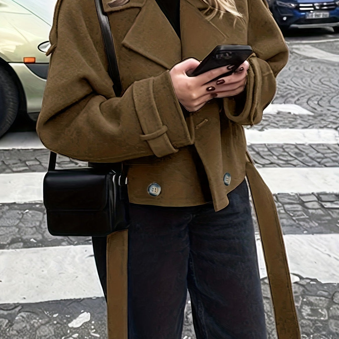 Coffee Brown Belted Pea Coat for Women - Oversized Wool Blend Coat