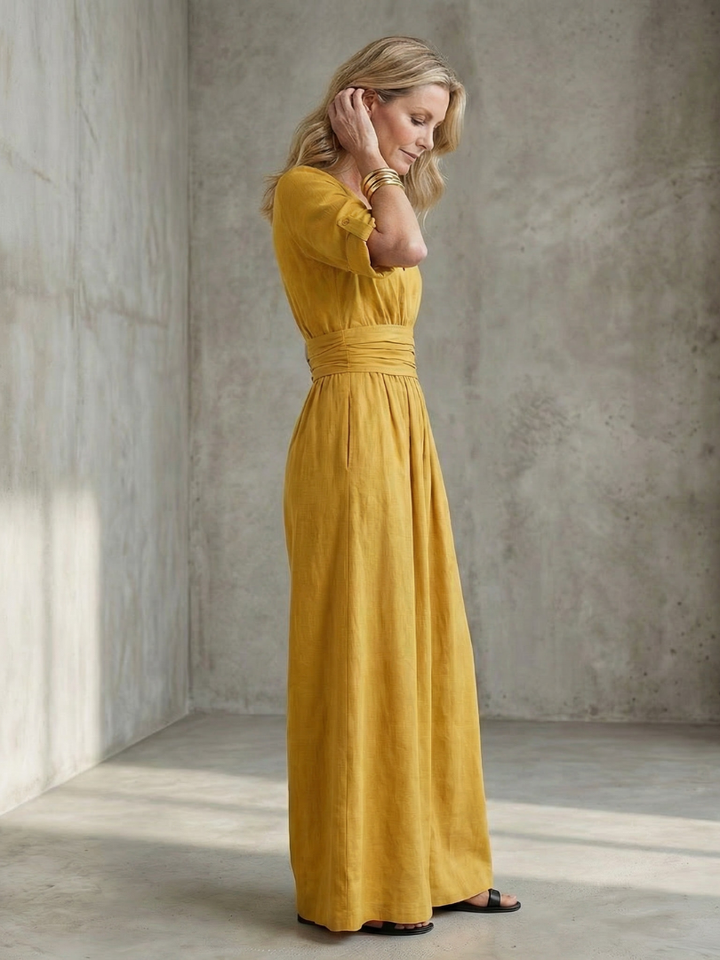 Cross Front Wide Leg Jumpsuit for Women Elbow Sleeve Defined Waist