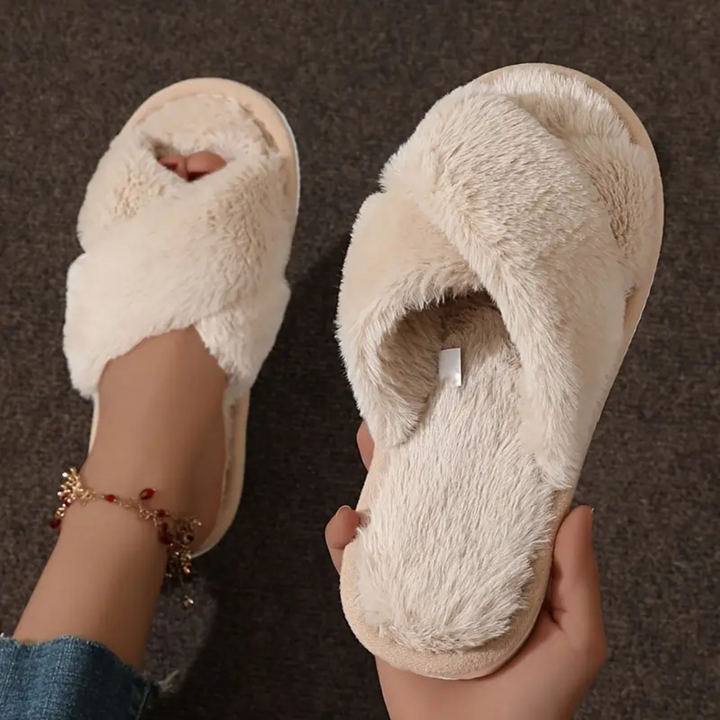 Criss Cross Fuzzy Slippers for Women Cushioned Sole Non Slip