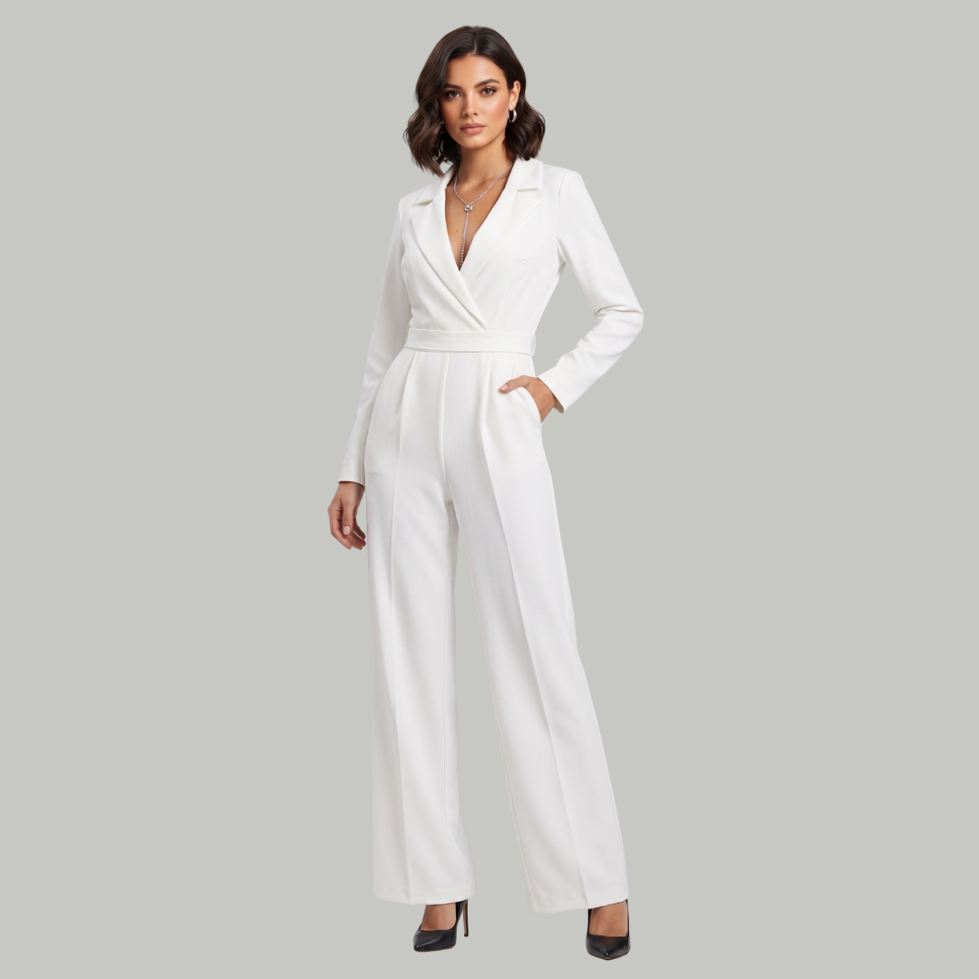Collared Wide Leg Tailored Jumpsuit for Women Work Office