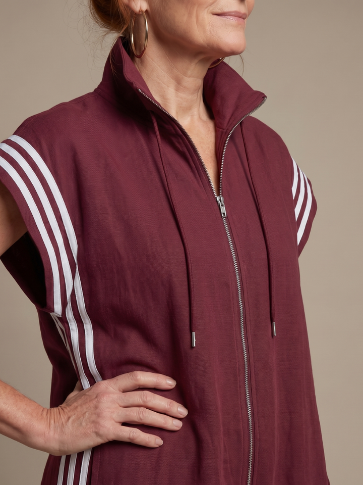 Zip Front Jumpsuit for Women Cap Sleeve Side Stripe Panel