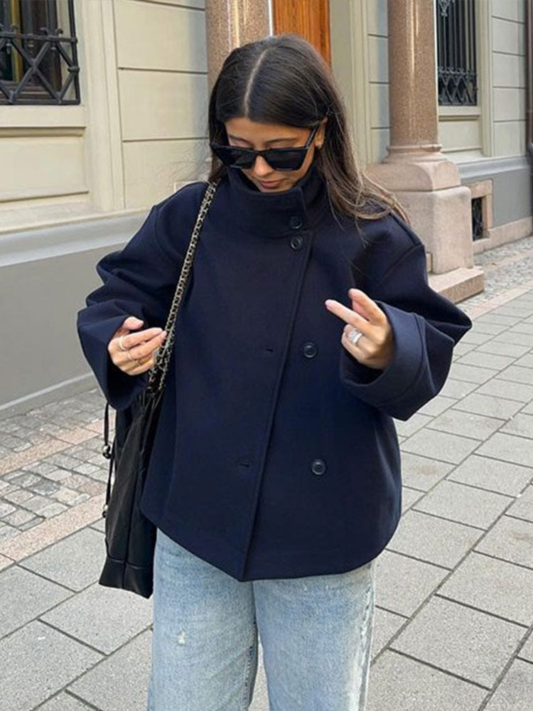 Oversized Wool Pea Coat for Women - Stand Collar Button Front Coat