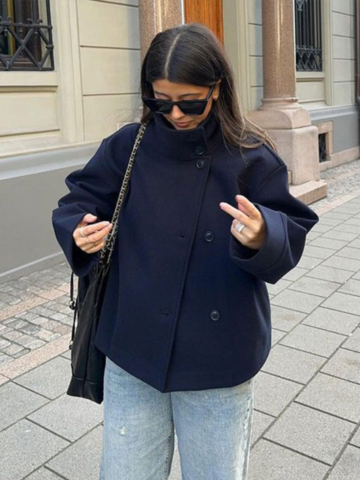 Oversized Wool Pea Coat for Women - Stand Collar Button Front Coat