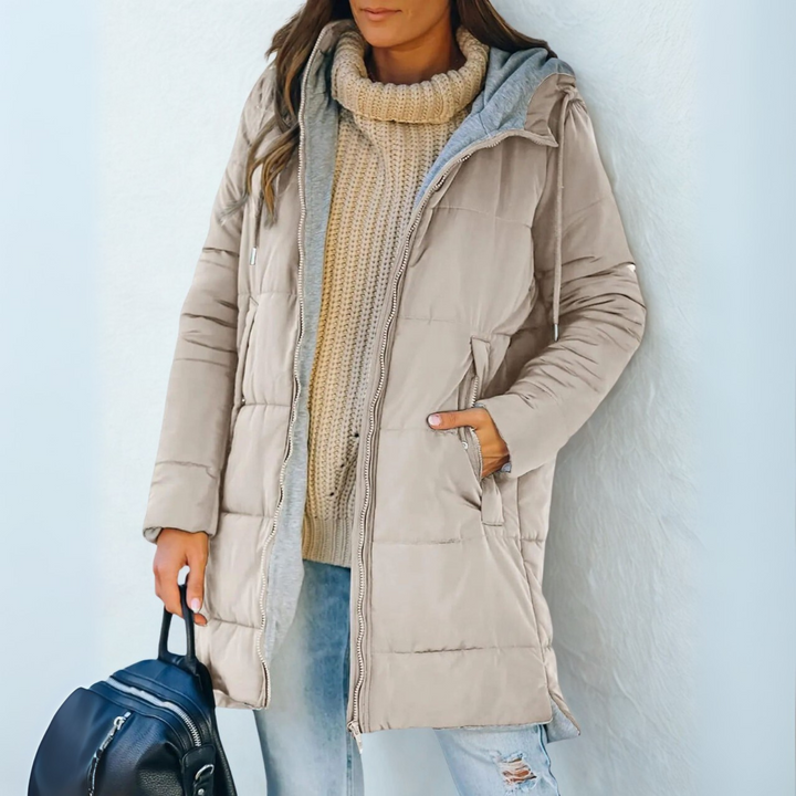 Hooded Longline Puffer Jacket for Women - Drawstring Waist Coat