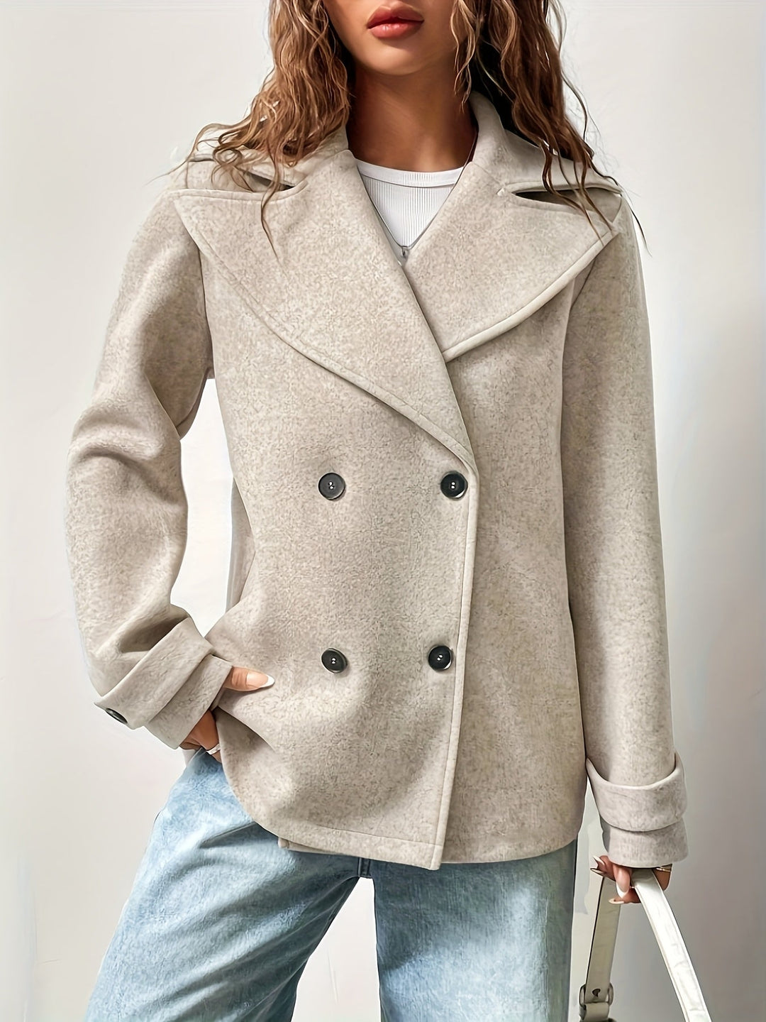 Beige Wool Pea Coat for Women - Double Breasted Relaxed Fit Coat