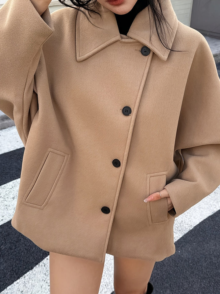Khaki Wool Pea Coat for Women - Oversized Batwing Sleeve Winter Coat