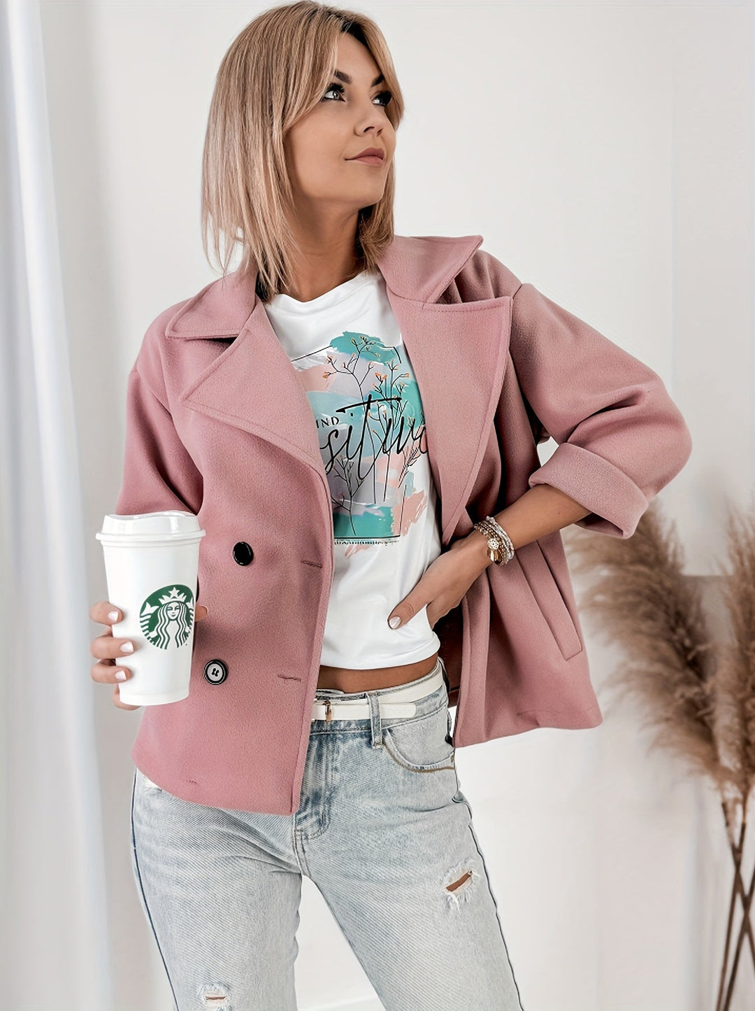 Pink Cropped Pea Coat for Women - Double Breasted Brushed Winter Coat