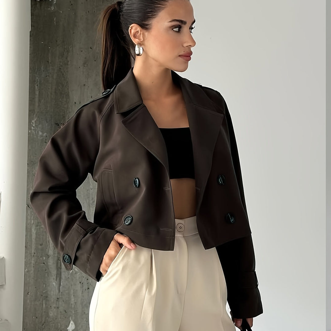 Coffee Brown Cropped Pea Coat for Women - Double Breasted Short Coat