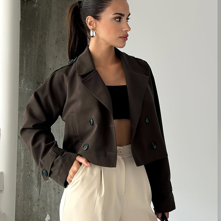 Coffee Brown Cropped Pea Coat for Women - Double Breasted Short Coat