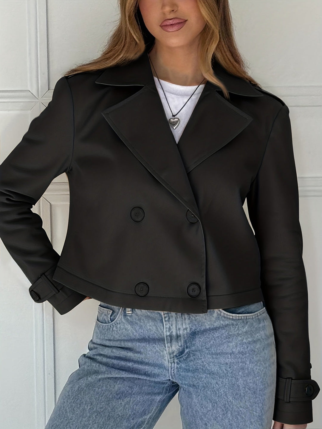 Brown Cropped Pea Coat for Women - Double Breasted Short Winter Coat