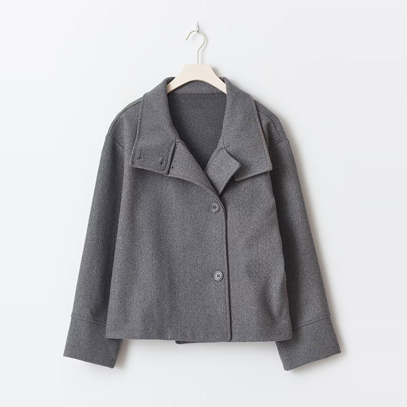 Oversized Wool Pea Coat for Women - Stand Collar Button Front Coat