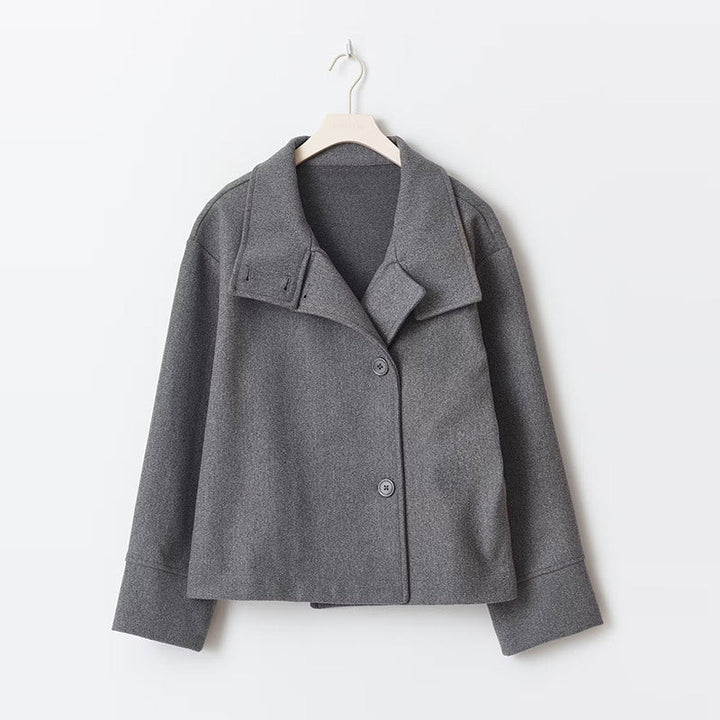 Oversized Wool Pea Coat for Women - Stand Collar Button Front Coat