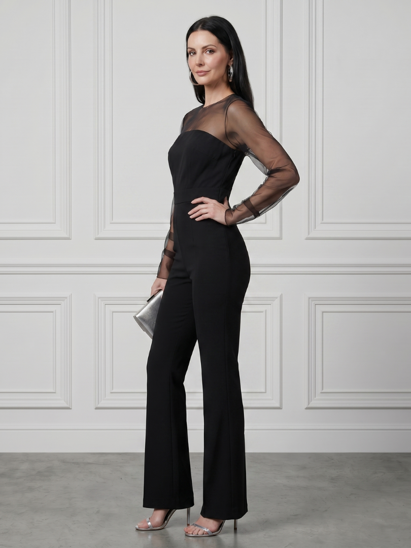 Sheer Sleeve Fitted Bodice Jumpsuit for Women Flared Leg Pull On