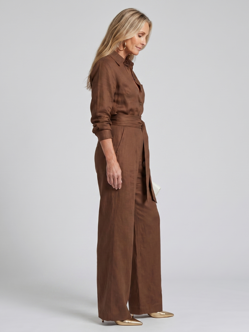 Collared Button Front Jumpsuit for Women Long Sleeve Wide Leg