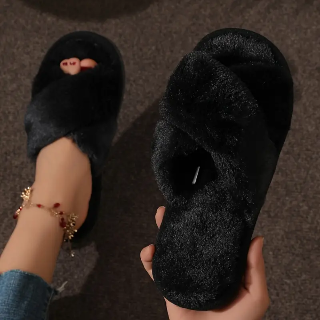 Criss Cross Fuzzy Slippers for Women Cushioned Sole Non Slip