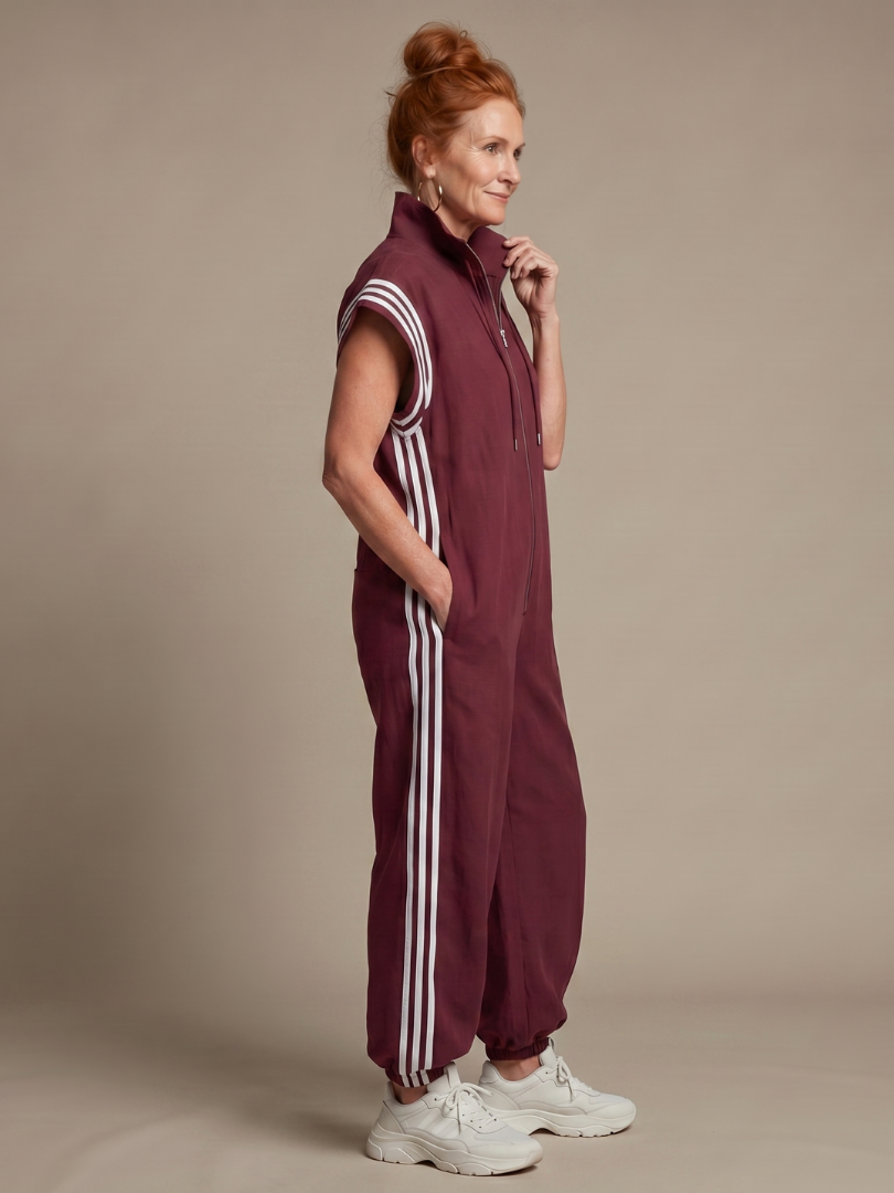 Zip Front Jumpsuit for Women Cap Sleeve Side Stripe Panel