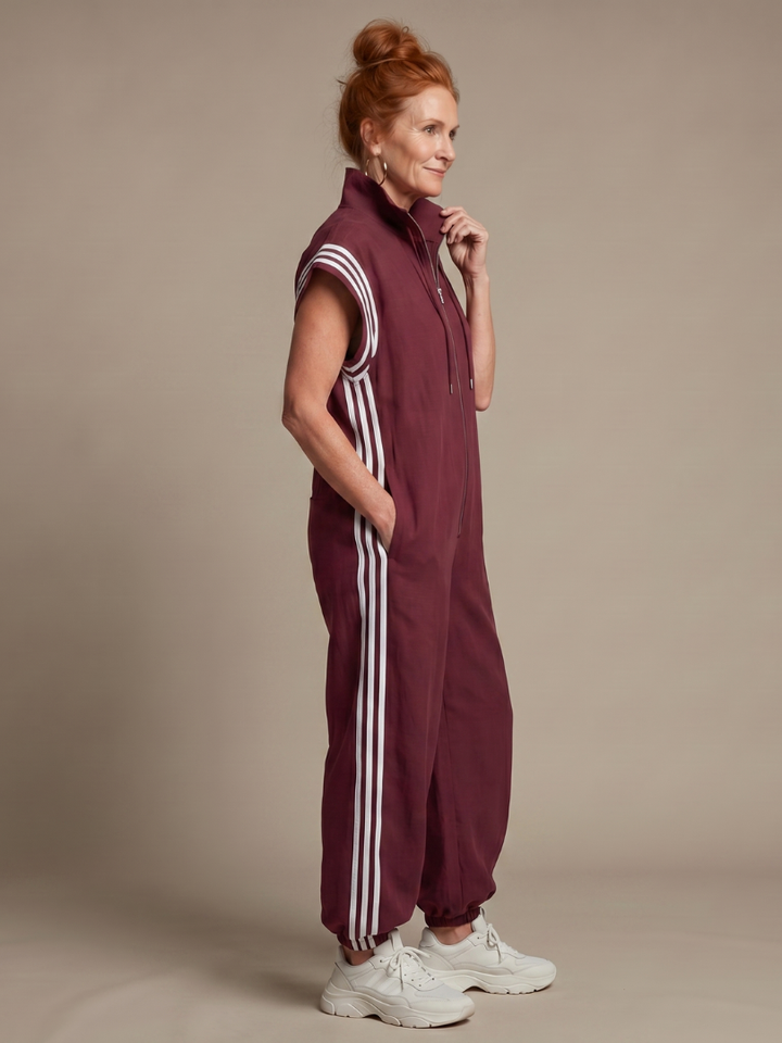 Zip Front Jumpsuit for Women Cap Sleeve Side Stripe Panel