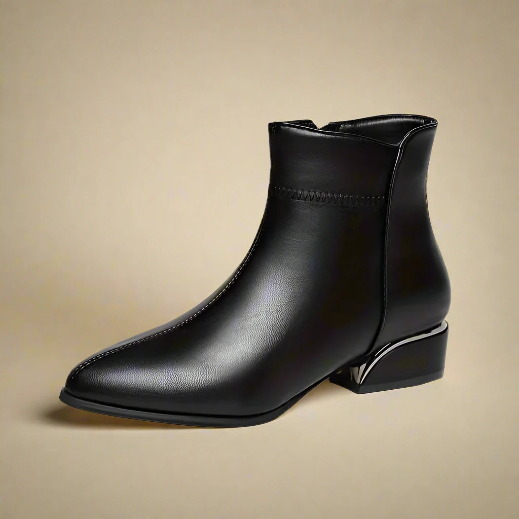 Ankle Boots for Women Genuine Leather Pointed Toe Low Heel - Black