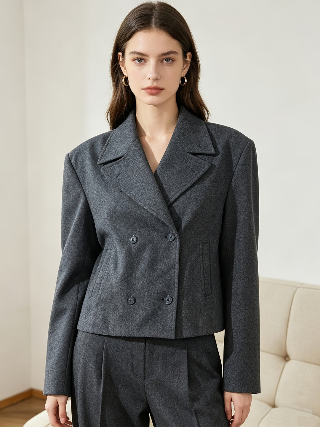 Short Wool Pea Coat for Women - Notch Lapel Double Breasted Jacket
