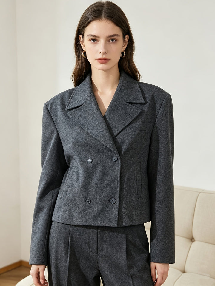 Short Wool Pea Coat for Women - Notch Lapel Double Breasted Jacket
