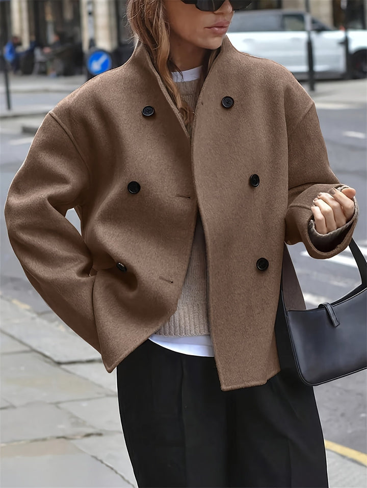 Camel Wool Pea Coat for Women - Oversized Double Breasted Winter Coat