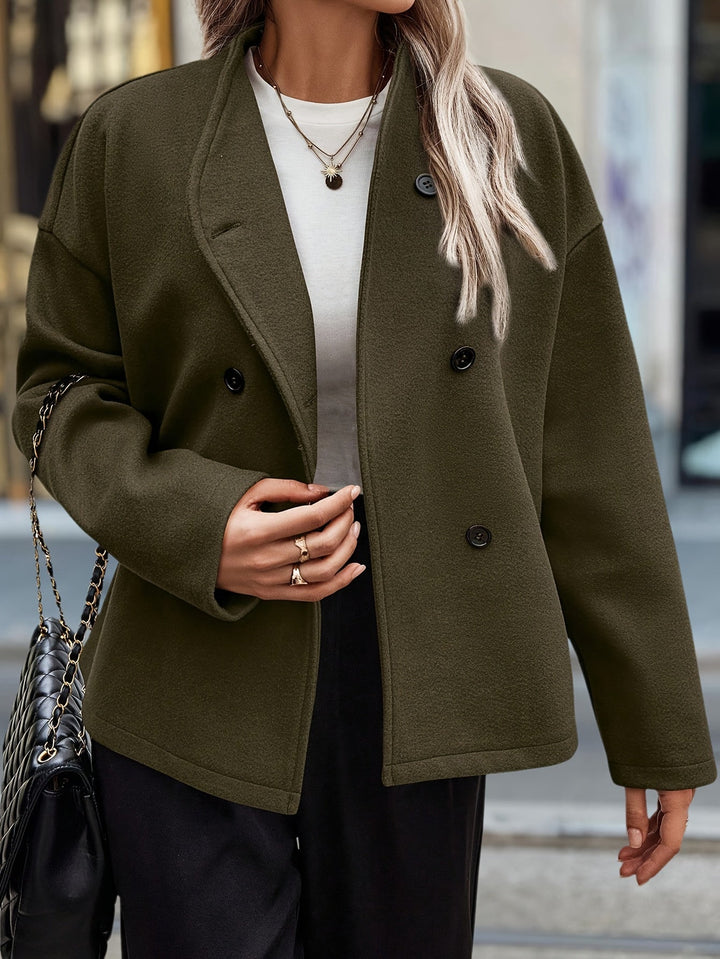 Dark Green Fleece Pea Coat for Women - Double Breasted Relaxed Coat