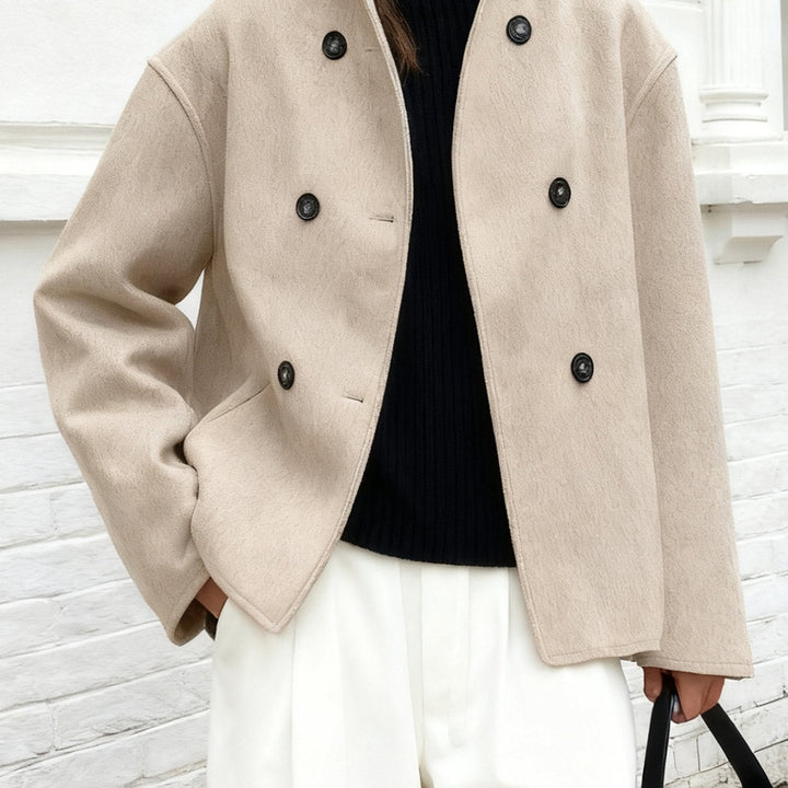 Cropped Wool Pea Coat for Women - Double Breasted Stand Collar Coat