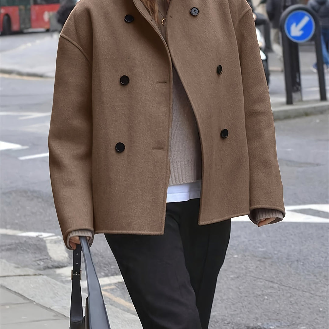 Camel Wool Pea Coat for Women - Oversized Double Breasted Winter Coat