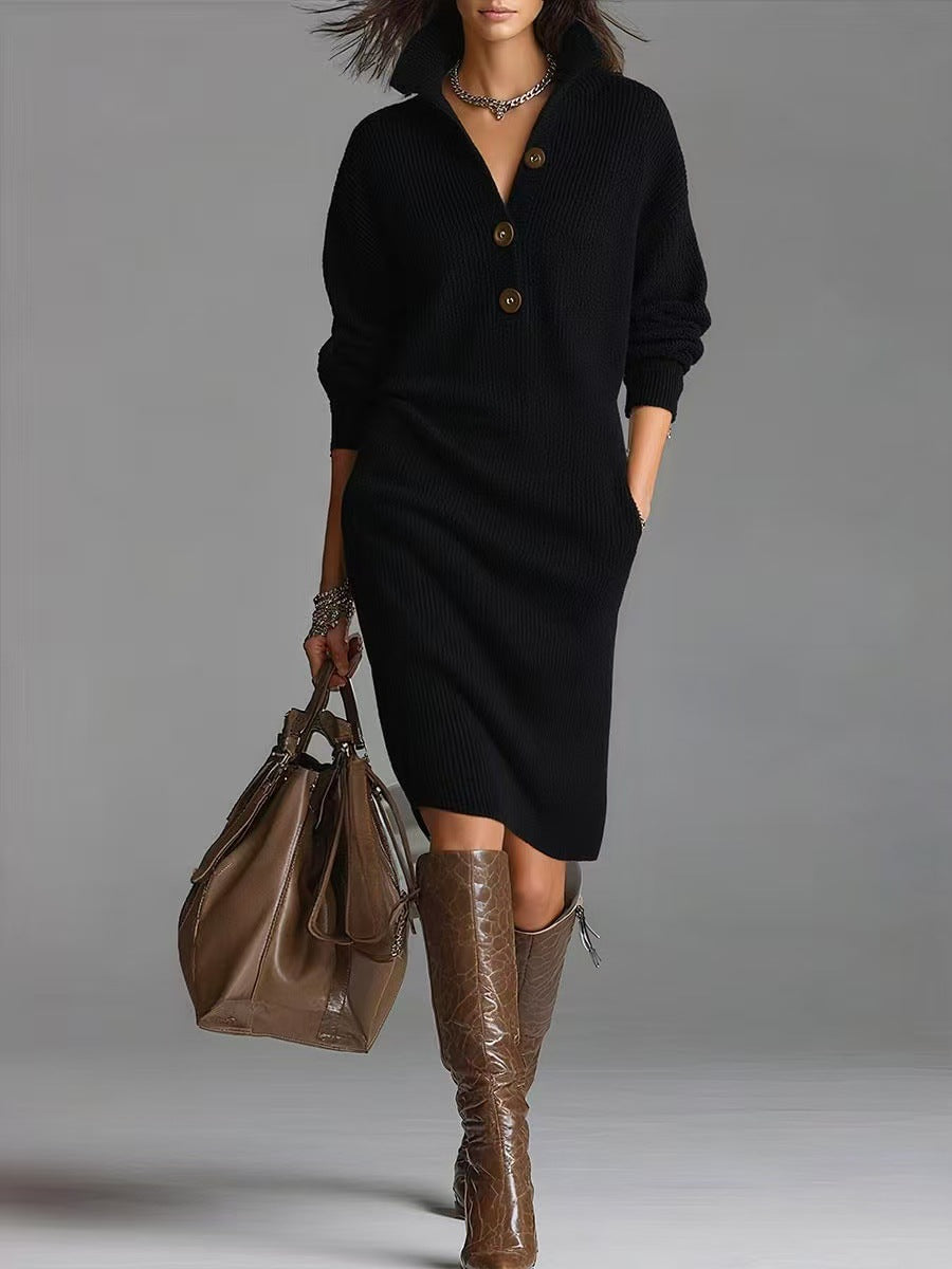 Button V-Neck Standing Collar Sweater Dress for Women - front view