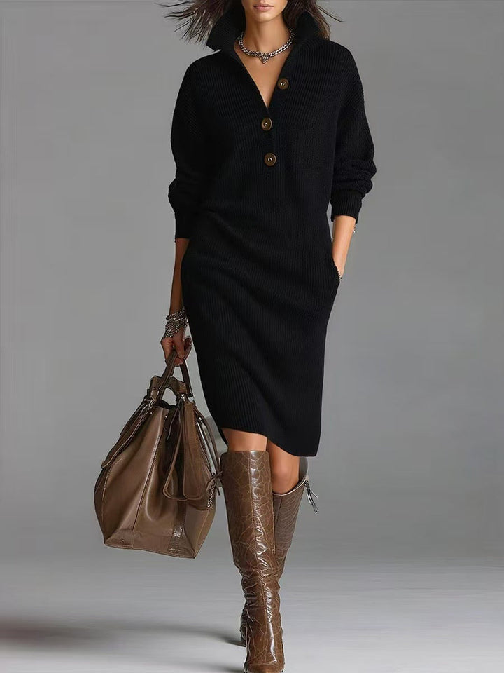 Button V-Neck Standing Collar Sweater Dress for Women - front view