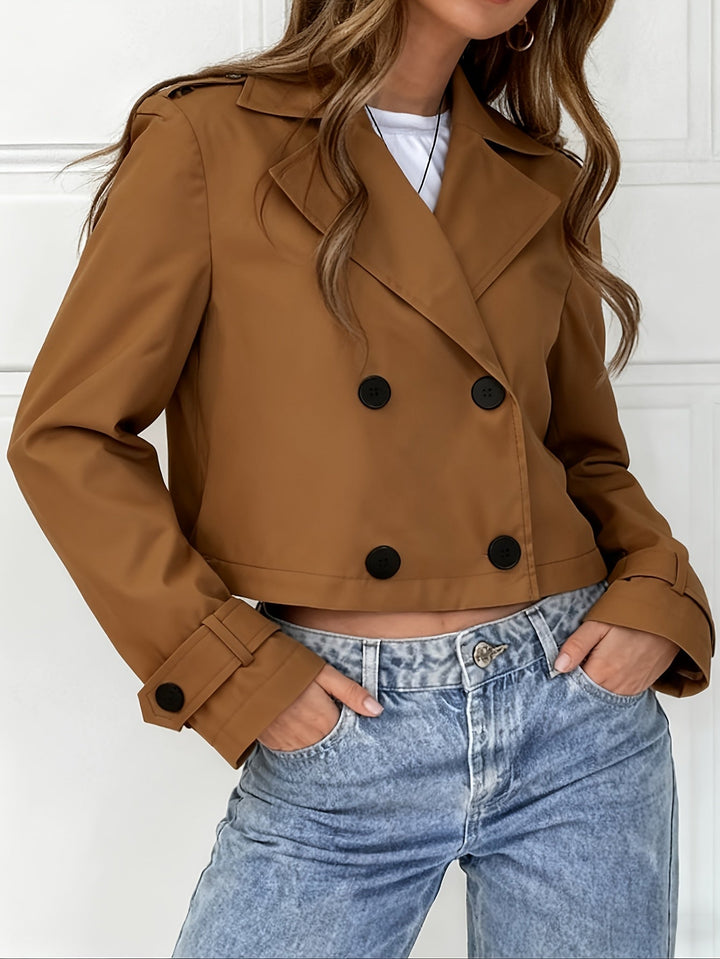 Brown Cropped Pea Coat for Women - Double Breasted Short Winter Coat