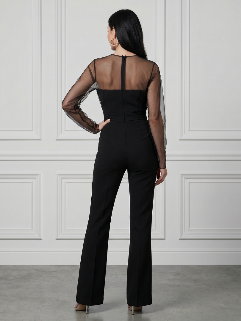 Sheer Sleeve Fitted Bodice Jumpsuit for Women Flared Leg Pull On