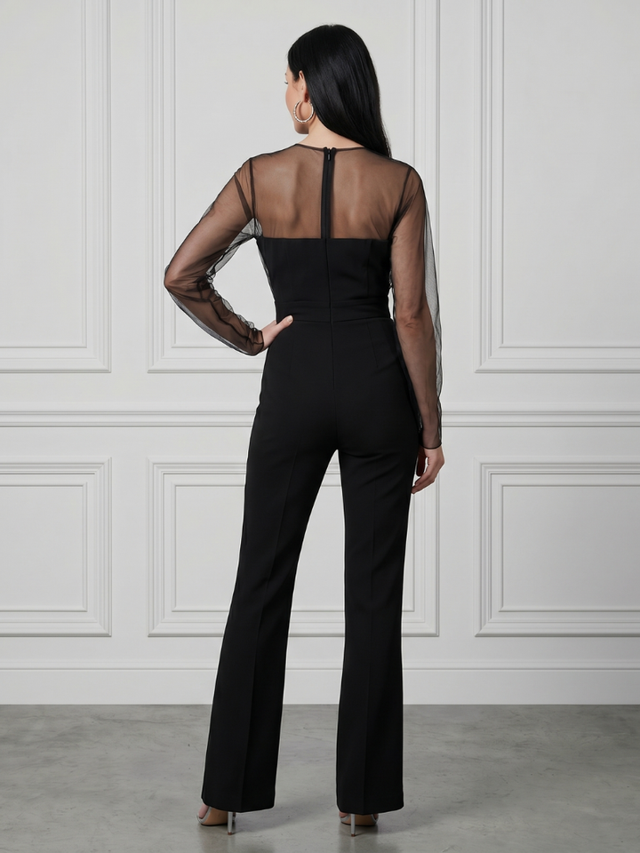Sheer Sleeve Fitted Bodice Jumpsuit for Women Flared Leg Pull On
