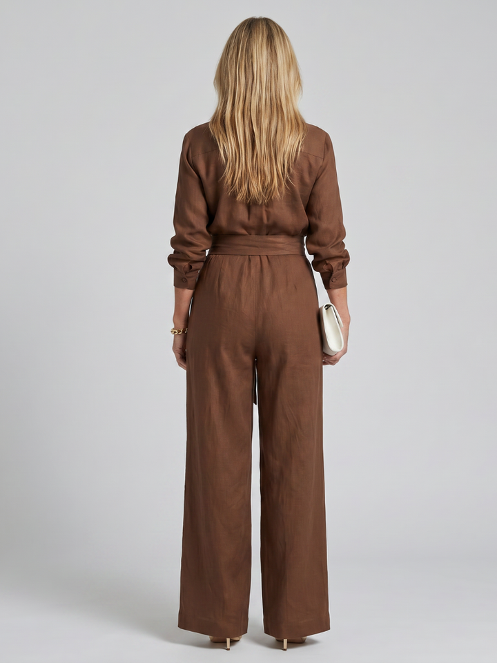 Collared Button Front Jumpsuit for Women Long Sleeve Wide Leg