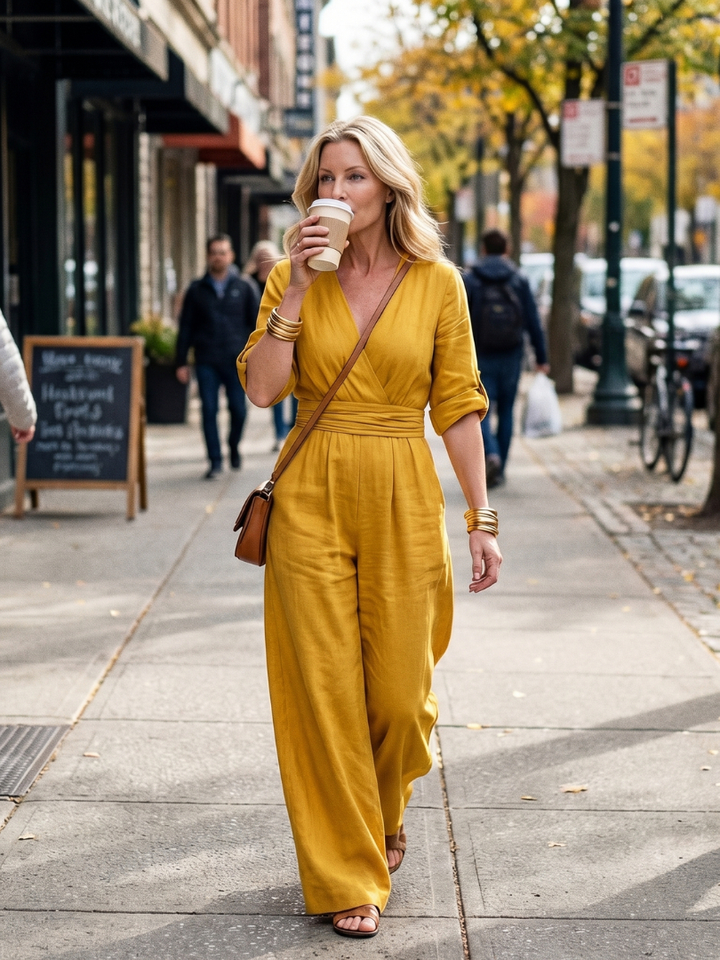 Cross Front Wide Leg Jumpsuit for Women Elbow Sleeve Defined Waist