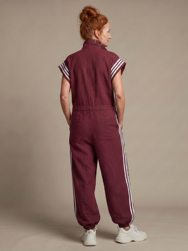 Zip Front Jumpsuit for Women Cap Sleeve Side Stripe Panel